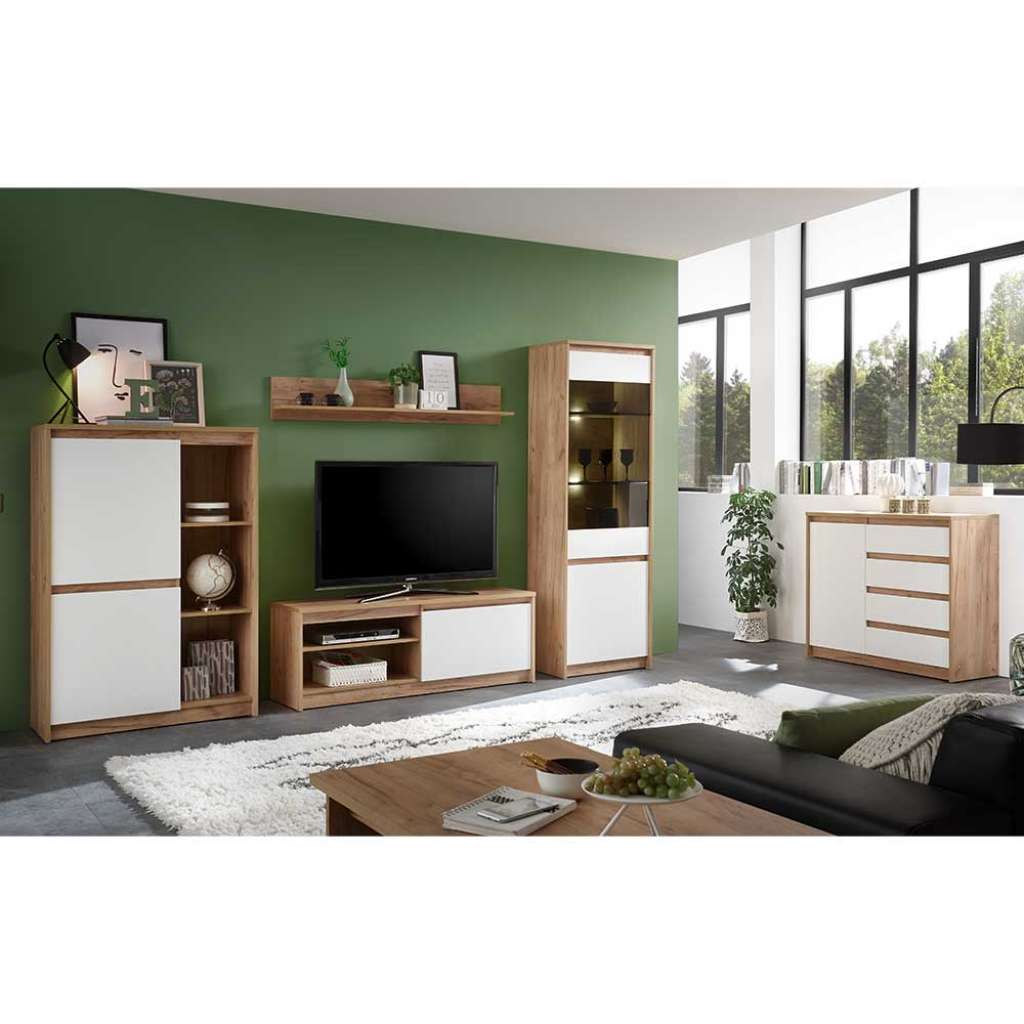 Wohnzimmermöbel Set in Weiß und Eiche Optik modern (5-teilig)