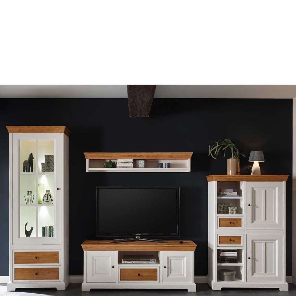 Landhaus Anbauwand Weiß mit Fichte furniert 340 cm breit (4-teilig)