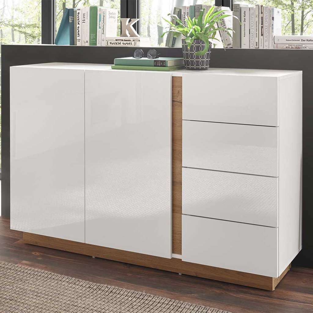 Wohnzimmer Kommode in Weiß und Wildeiche Optik Skandi Design