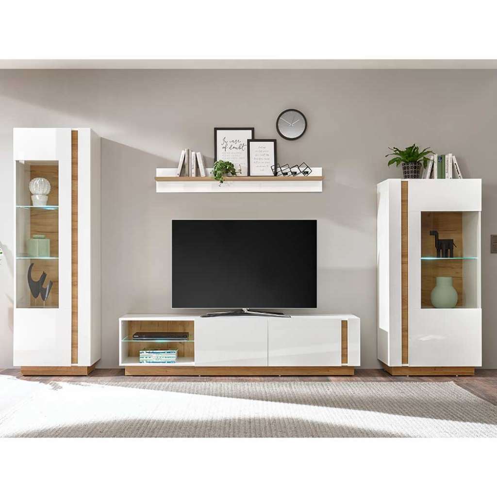 Wohnzimmerschrankwand in Weiß und Wildeiche Optik Skandi Design (4-teilig)