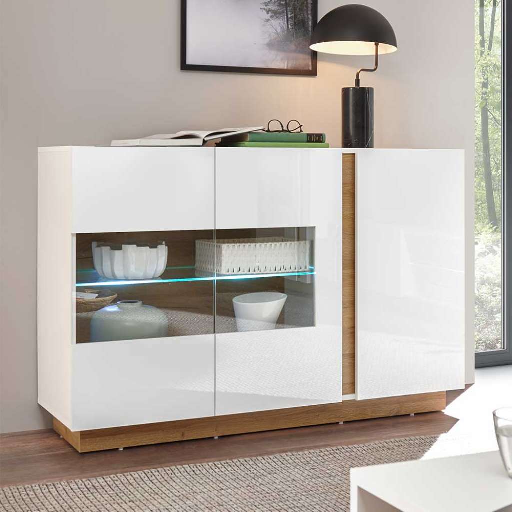 Esszimmersideboard in Weiß und Wildeiche Optik Glas