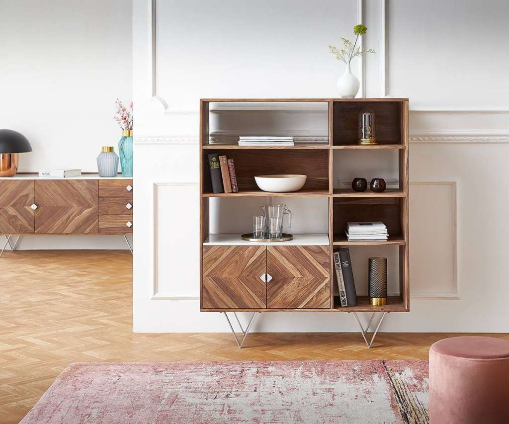 DELIFE Highboard Pacino 115 cm Sheesham Natur Steinplatte Weiß Marmor, Highboards