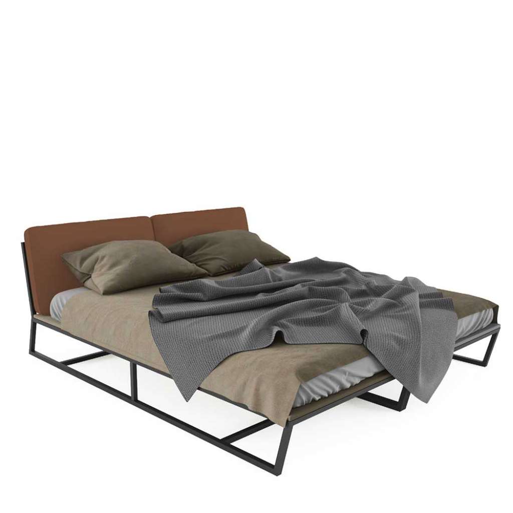 Futonbett in Schwarz Stahl Polsterkopfteil in Braun