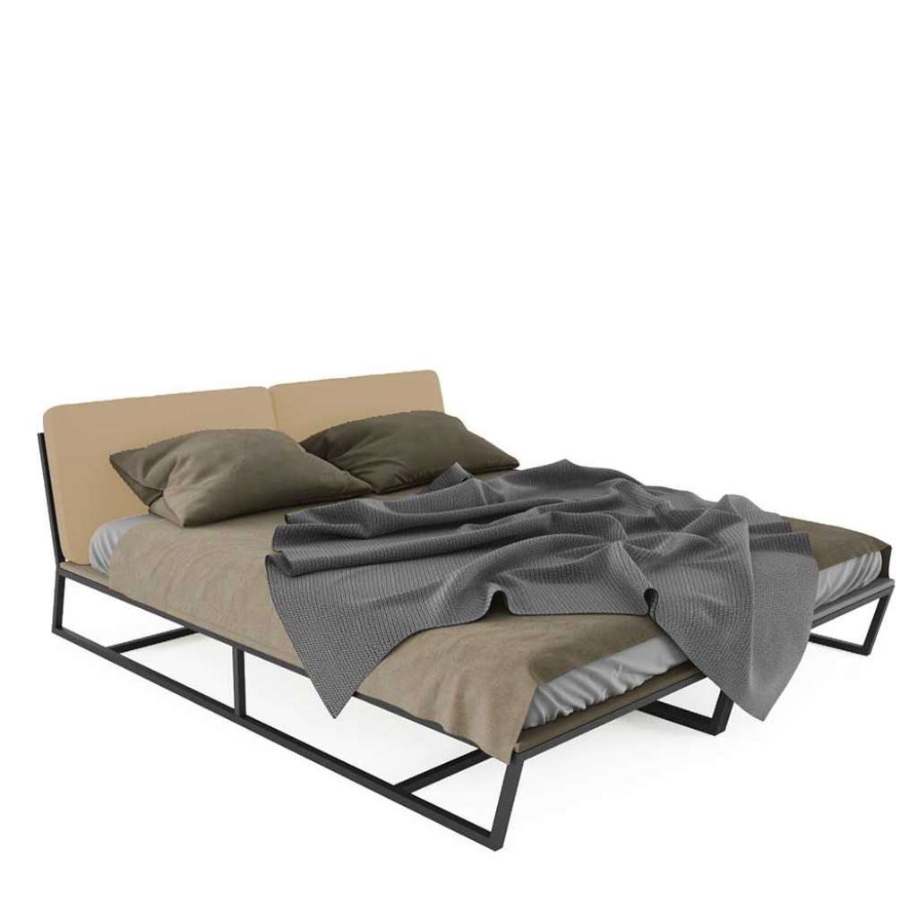 Metallbett in Schwarz Polsterkopfteil in Beige