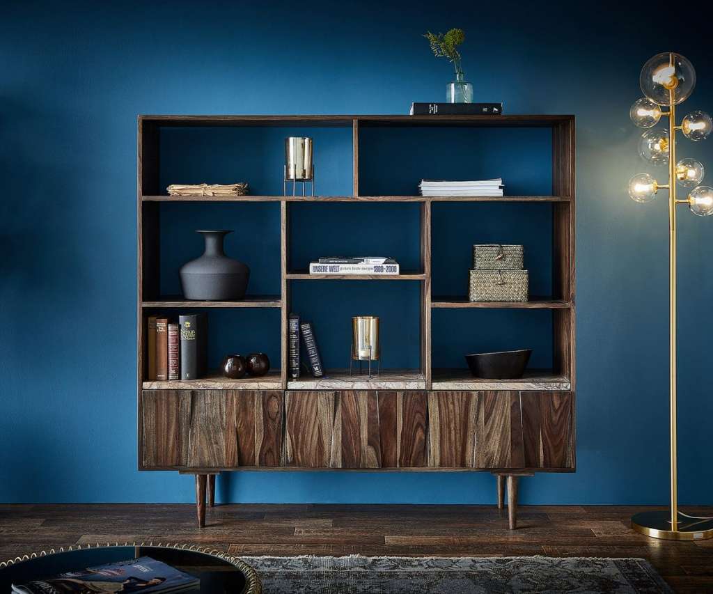 DELIFE Highboard Shia 147x35 cm Sheesham Walnuss Massiv Marmor 11 Fächer, Highboards