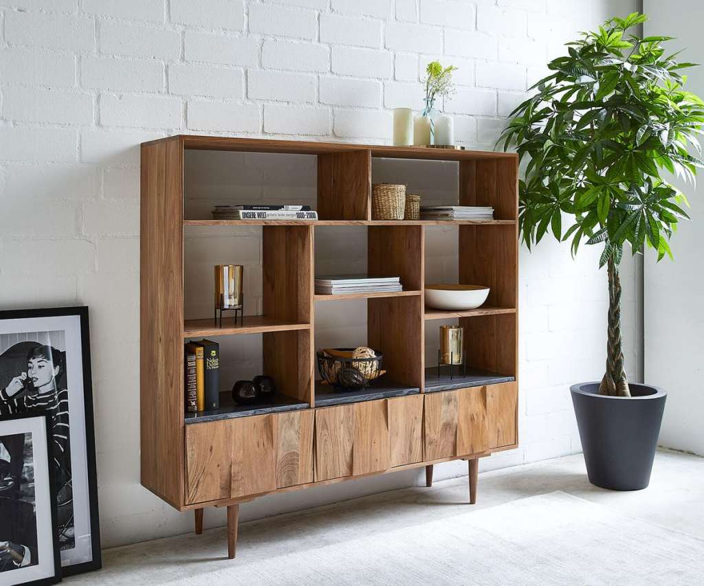 DELIFE Highboard Shia Akazie Natur Massiv mit Marmorplatte 140 cm, Highboards