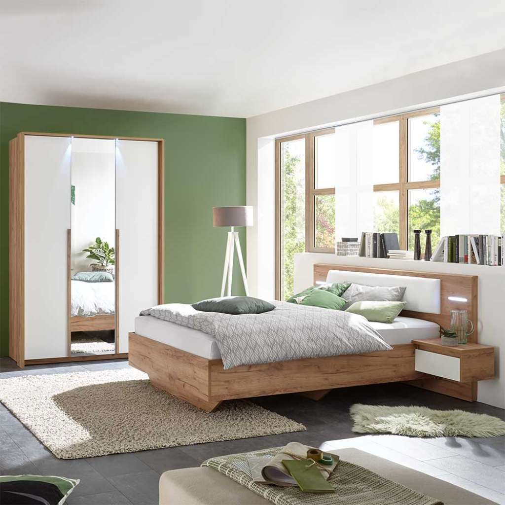 Moderne Schlafzimmermöbel in Weiß und Eiche Optik LED Beleuchtung (4-teilig)