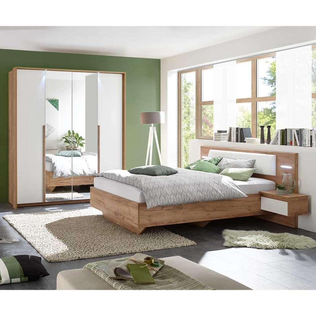 Schlafzimmermöbel Set in Weiß und Eiche Optik 140x200 cm Bett (4-teilig)