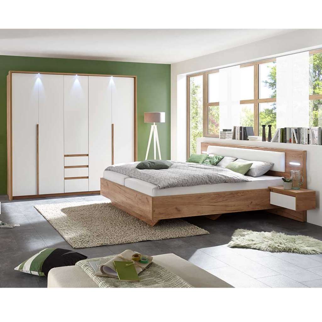 Schlafzimmerkomplettset in Weiß und Eiche Optik Doppelbett (4-teilig)