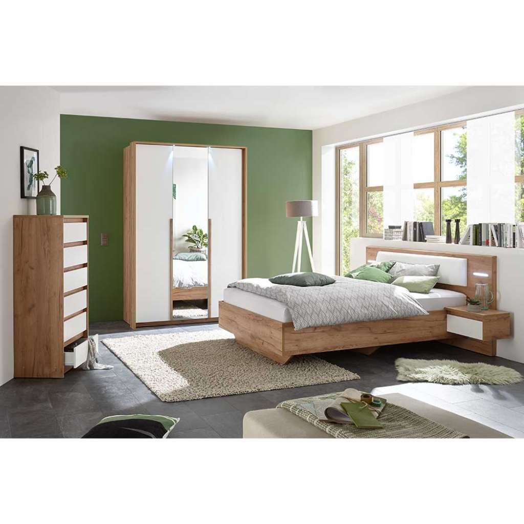 Schlafzimmerset in Weiß und Eiche Optik LED Beleuchtung (5-teilig)