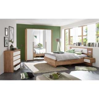 Schlafzimmer Set in Weiß und Eiche Optik LED Beleuchtung (5-teilig)