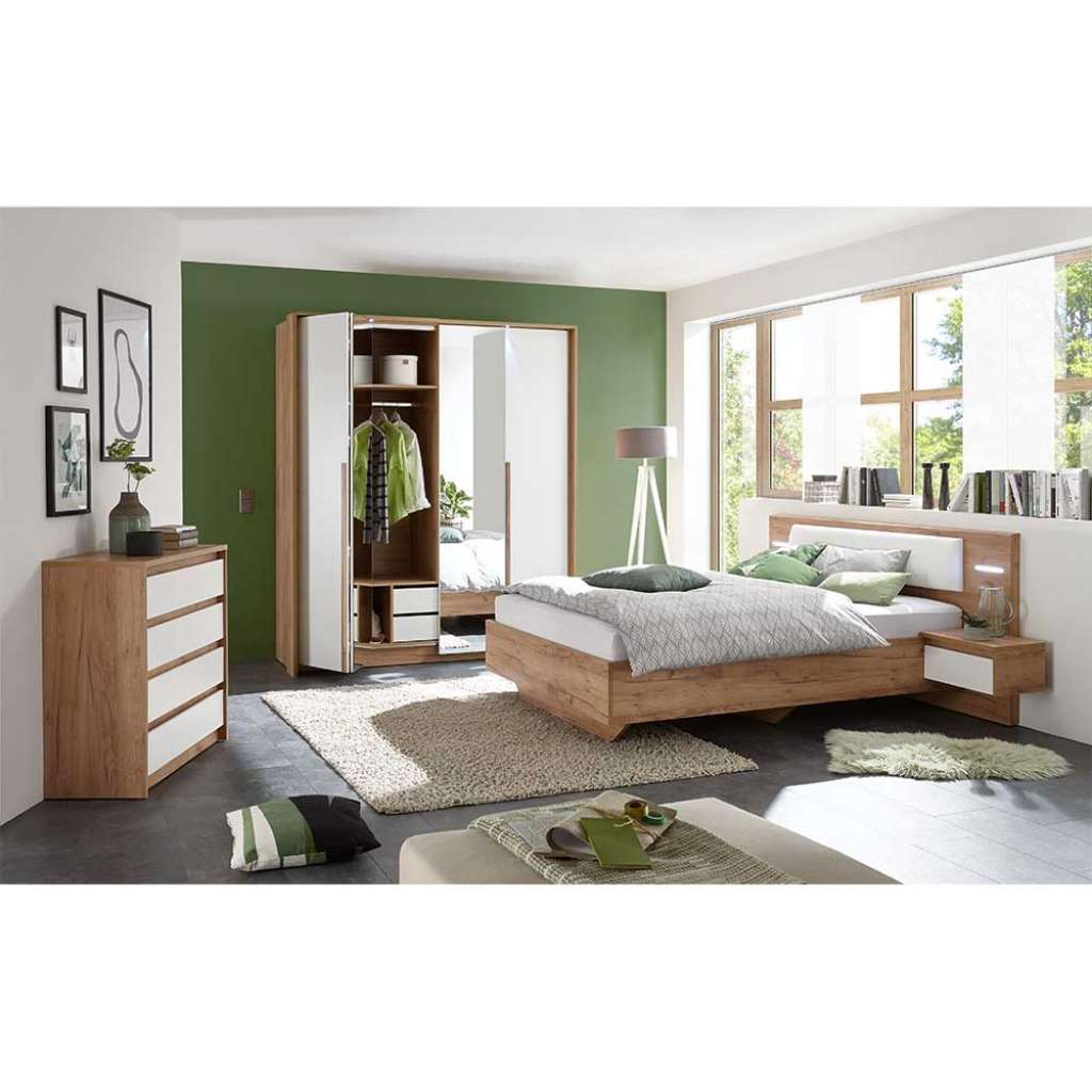 Modernes Schlafzimmer Set in Weiß und Eichefarben LED Beleuchtung (5-teilig)