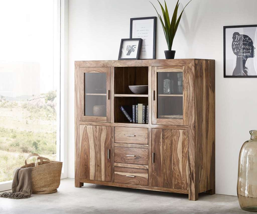DELIFE Highboard Indra 150 cm Sheesham Natur 4 Schübe 4 Türen, Highboards