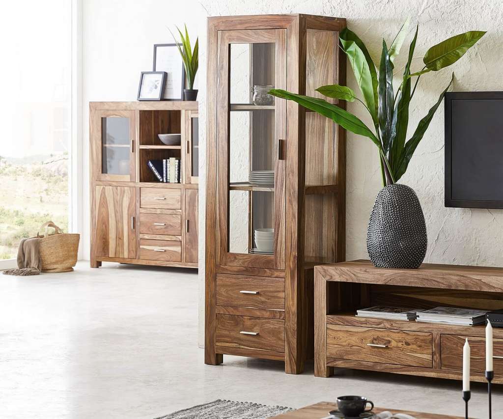 DELIFE Highboard Indra Sheesham Natur verglast mit 2 Schüben 1 Tür, Highboards