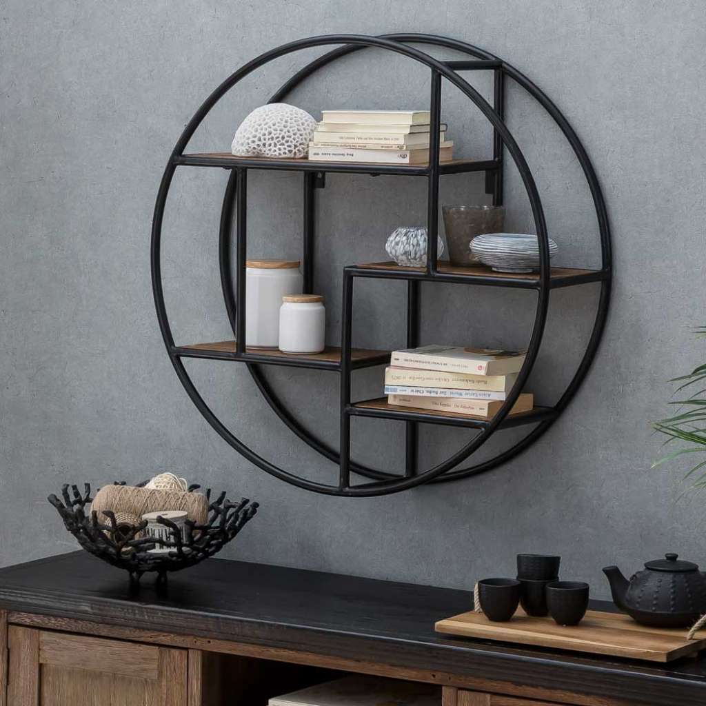 Rundes Hängeregal aus Massivholz und Metall Loft Design