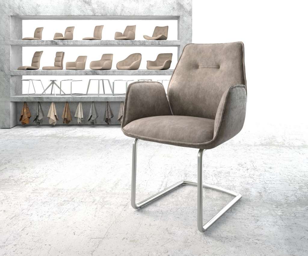 DELIFE Armlehnstuhl Zoa-Flex Taupe Vintage Freischwinger rund Edelstahl, Esszimmerstühle