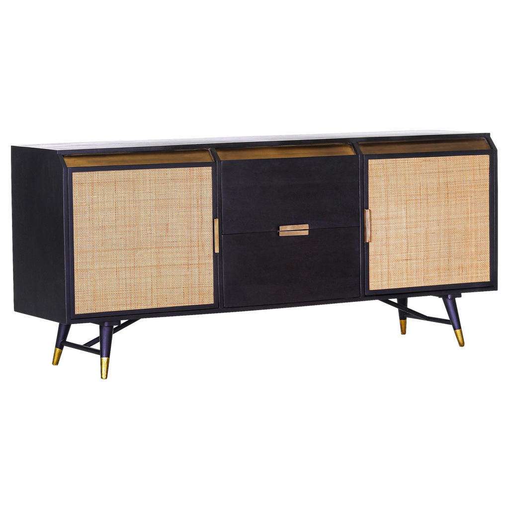 Carryhome SIDEBOARD Mangoholz, Rattan massiv lackiert, gebeizt Schwarz, Gold