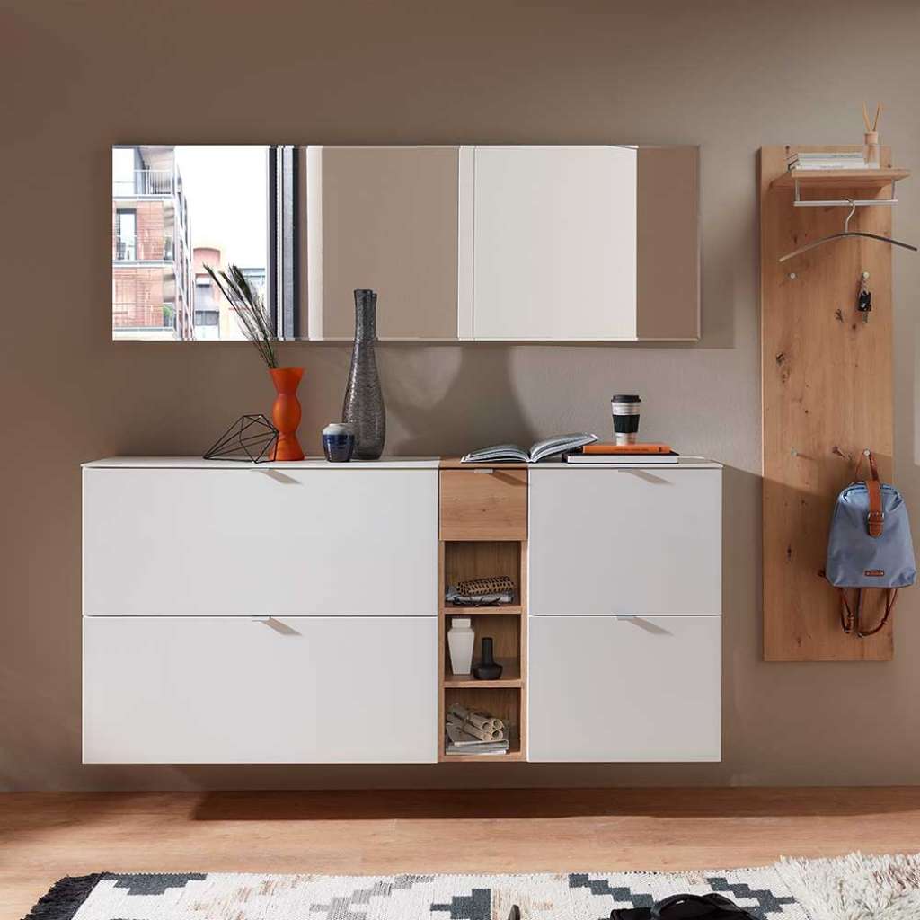 Dielenmöbel Set in Weiß und Wildeiche Optik modern (5-teilig)