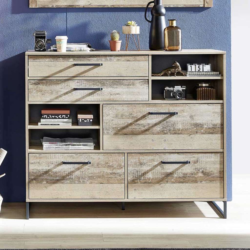 Großer Schuhschrank in White Wash Altholz Optik 105 cm hoch