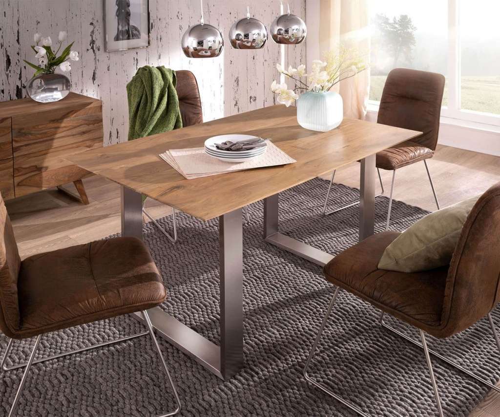 DELIFE Esstisch Swiss-Edge 140x90 Akazie Natur Gestell Schmal, Esstische