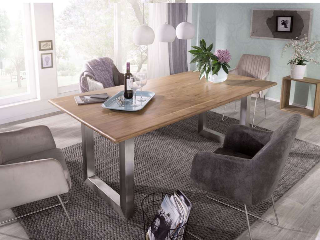 DELIFE Esstisch Curved-Edge 200x100 Akazie Natur Gestell Breit, Esstische