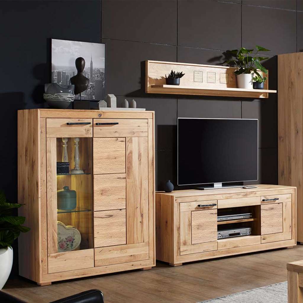 Schrankwand aus Wildeiche Massivholz hell sandgestrahlt und geölt (3-teilig)