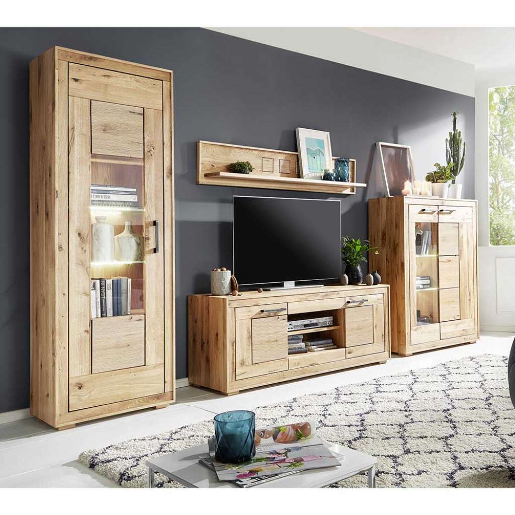 Design Wohnwand aus Wildeiche Massivholz hell sandgestrahlt und geölt (4-teilig)