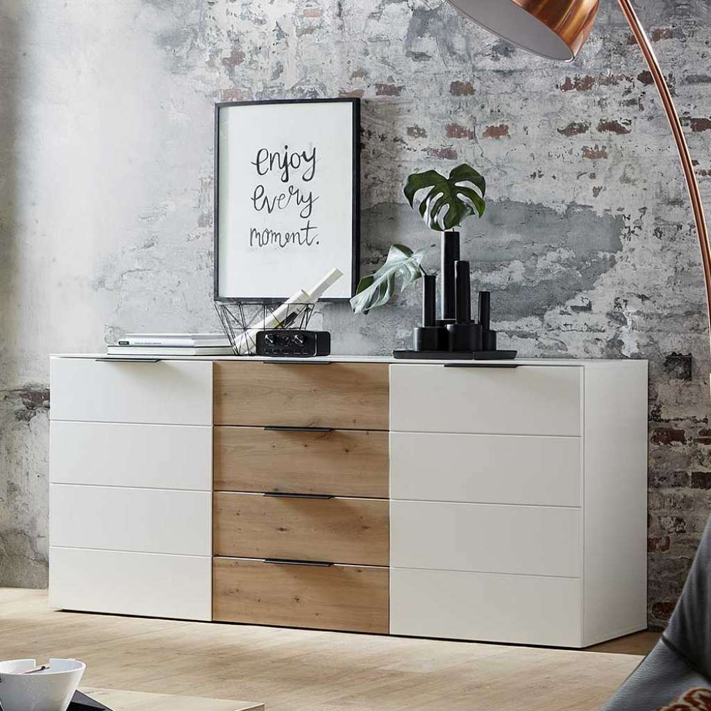 Wohnzimmer Sideboard in Weiß und Wildeiche Optik 180 cm breit
