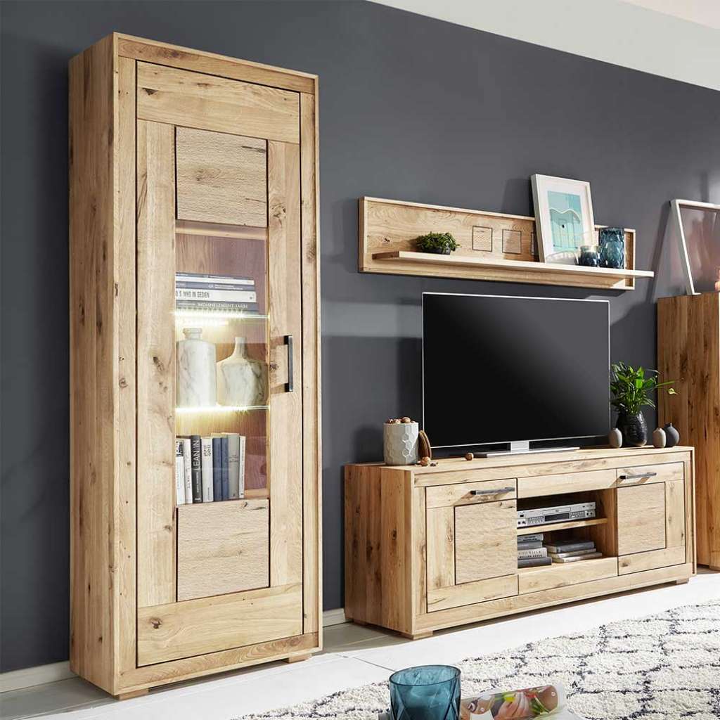 Anbauwand aus Wildeiche Massivholz hell sandgestrahlt und geölt (3-teilig)