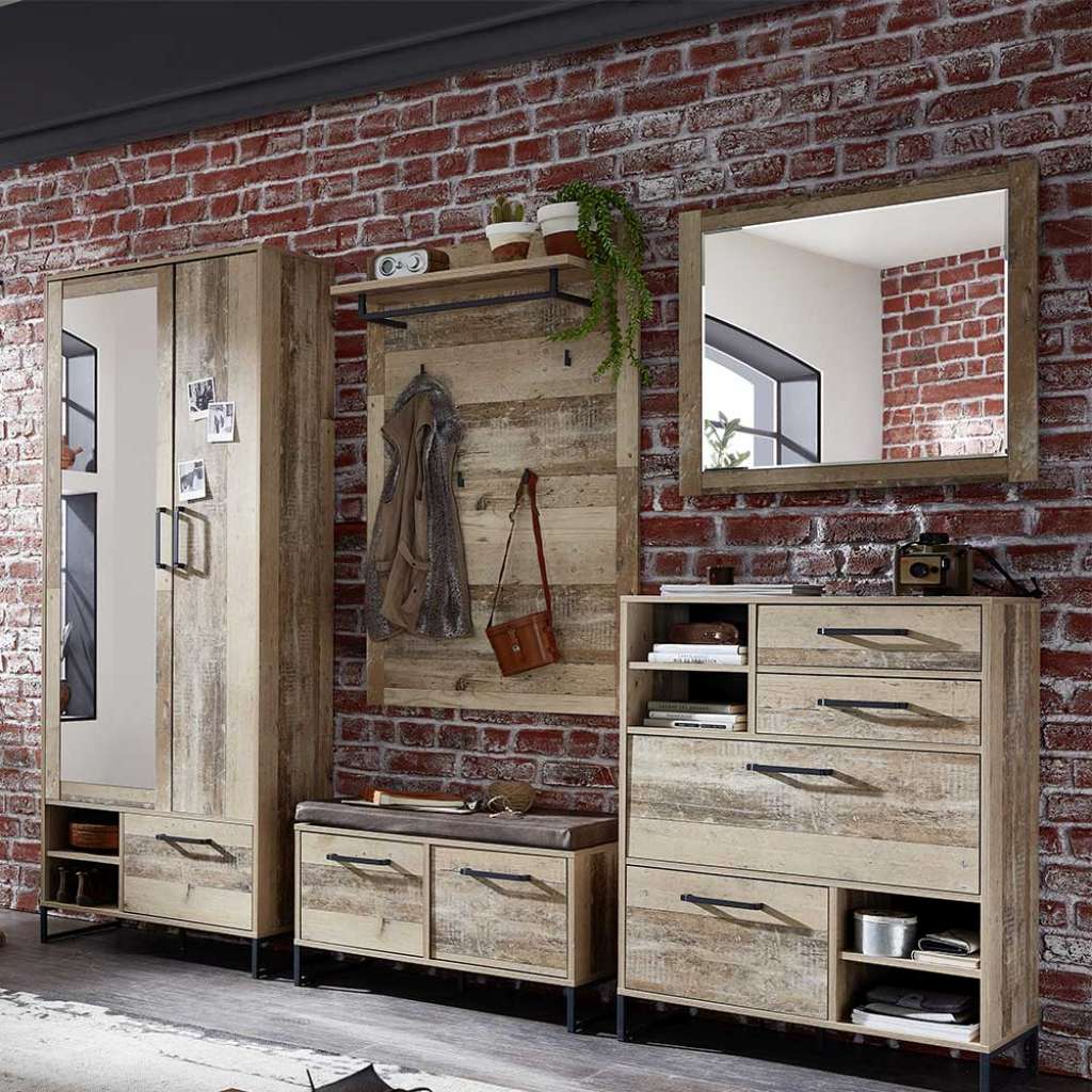 Dielenmöbel Set in White Wash Altholz Optik Loft Design (5-teilig)