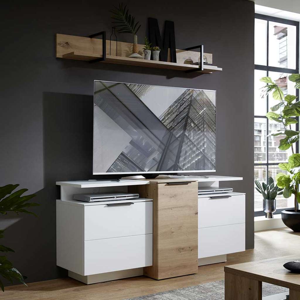 Design Wohnwand in Weiß und Wildeiche Optik 160 cm breit (4-teilig)