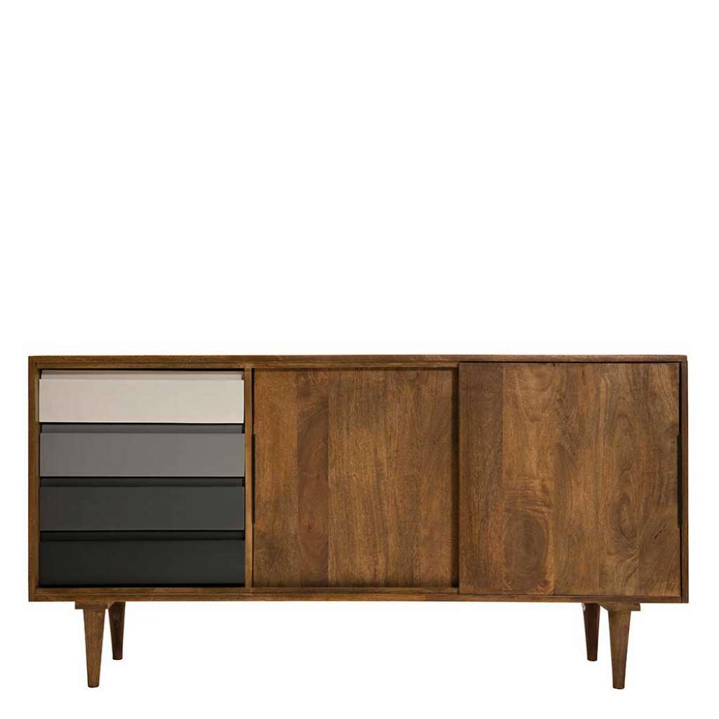 Design Anrichte aus Mangobaum Massivholz vier grauen Schubladen