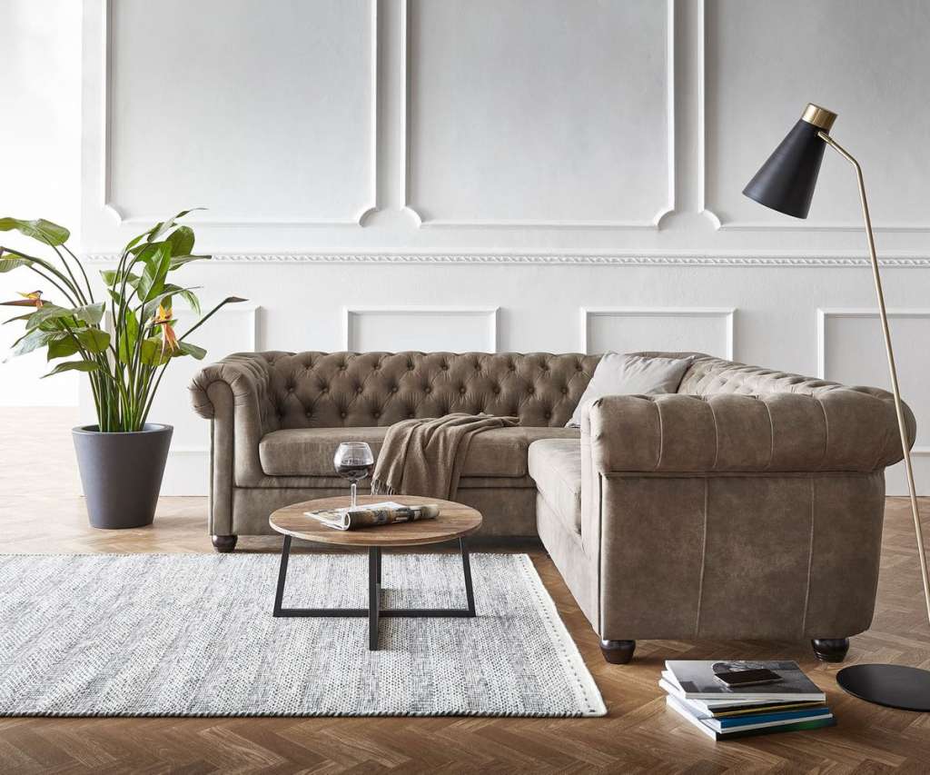 DELIFE Ecksofa Chesterfield 210x206 cm Taupe Abgesteppt, Chesterfields