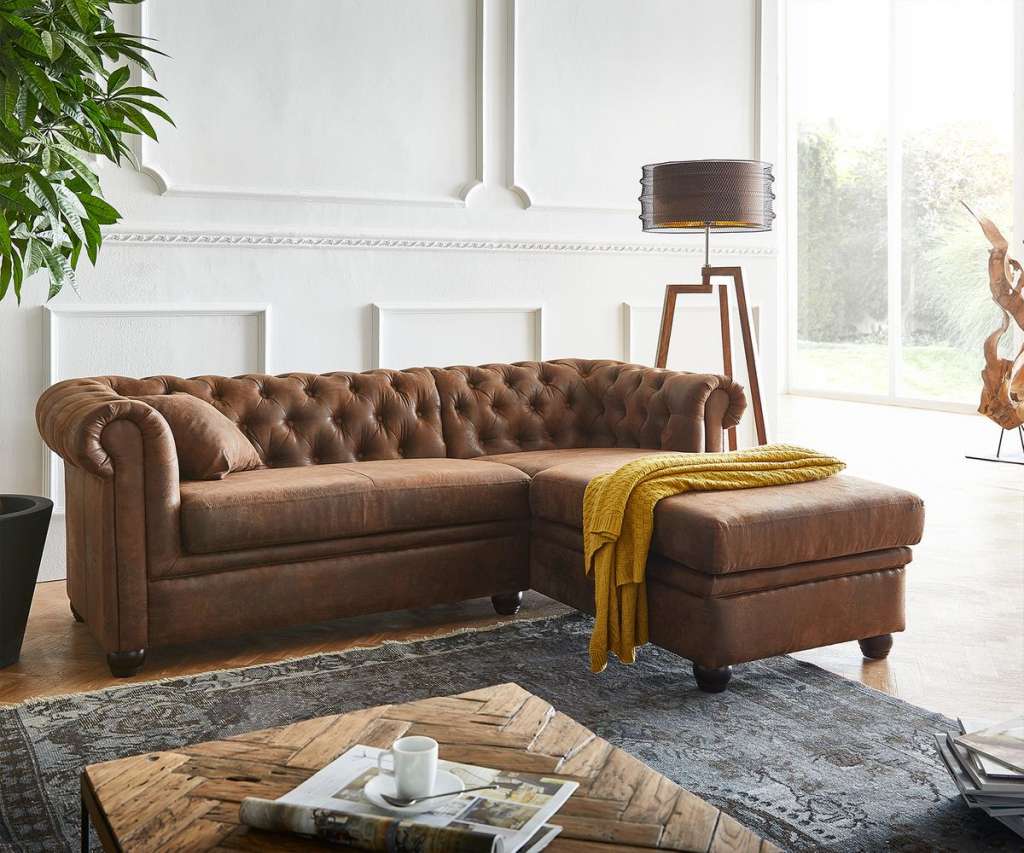 DELIFE Sofa Chesterfield 209x160 cm Braun Abgesteppt Ottomane Rechts, Chesterfields