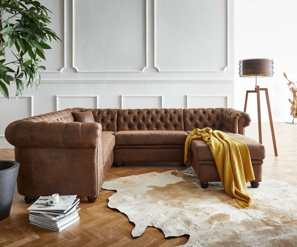DELIFE Ecksofa Chesterfield 264x209 cm Braun Abgesteppt Ottomane Rechts, Chesterfields