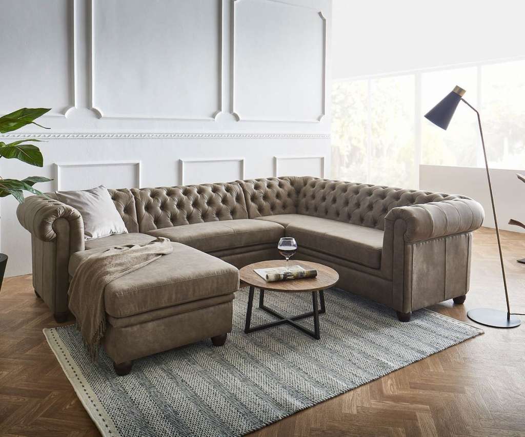 DELIFE Ecksofa Chesterfield 264x209 cm Taupe Abgesteppt Ottomane Links, Chesterfields
