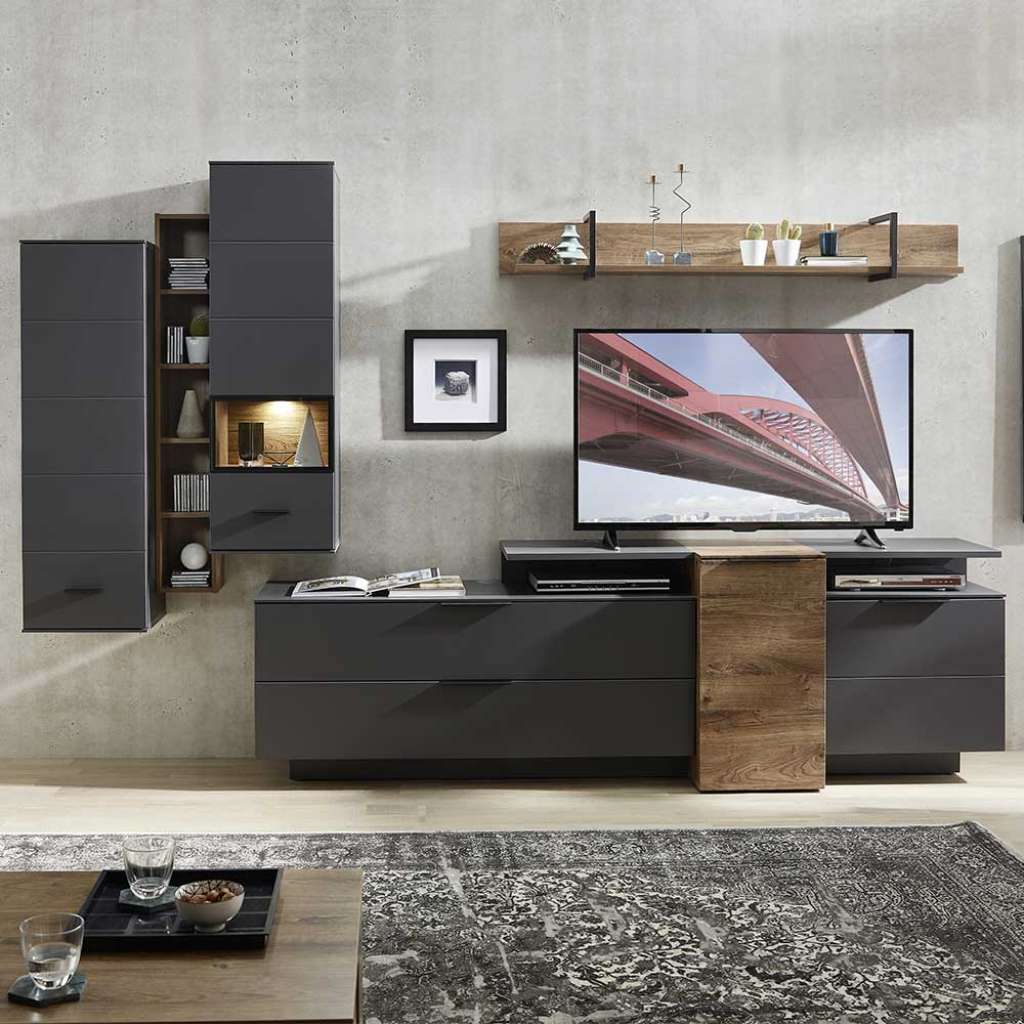 Wohnzimmerschrankwand in Dunkelgrau Eiche dunkel Optik (7-teilig)