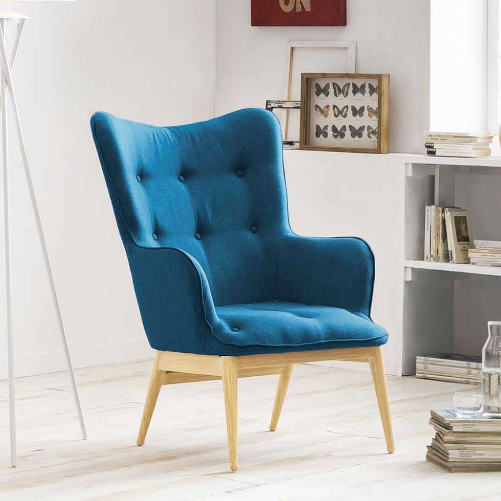 Stoff Sessel in Blau Webstoff Skandi Design