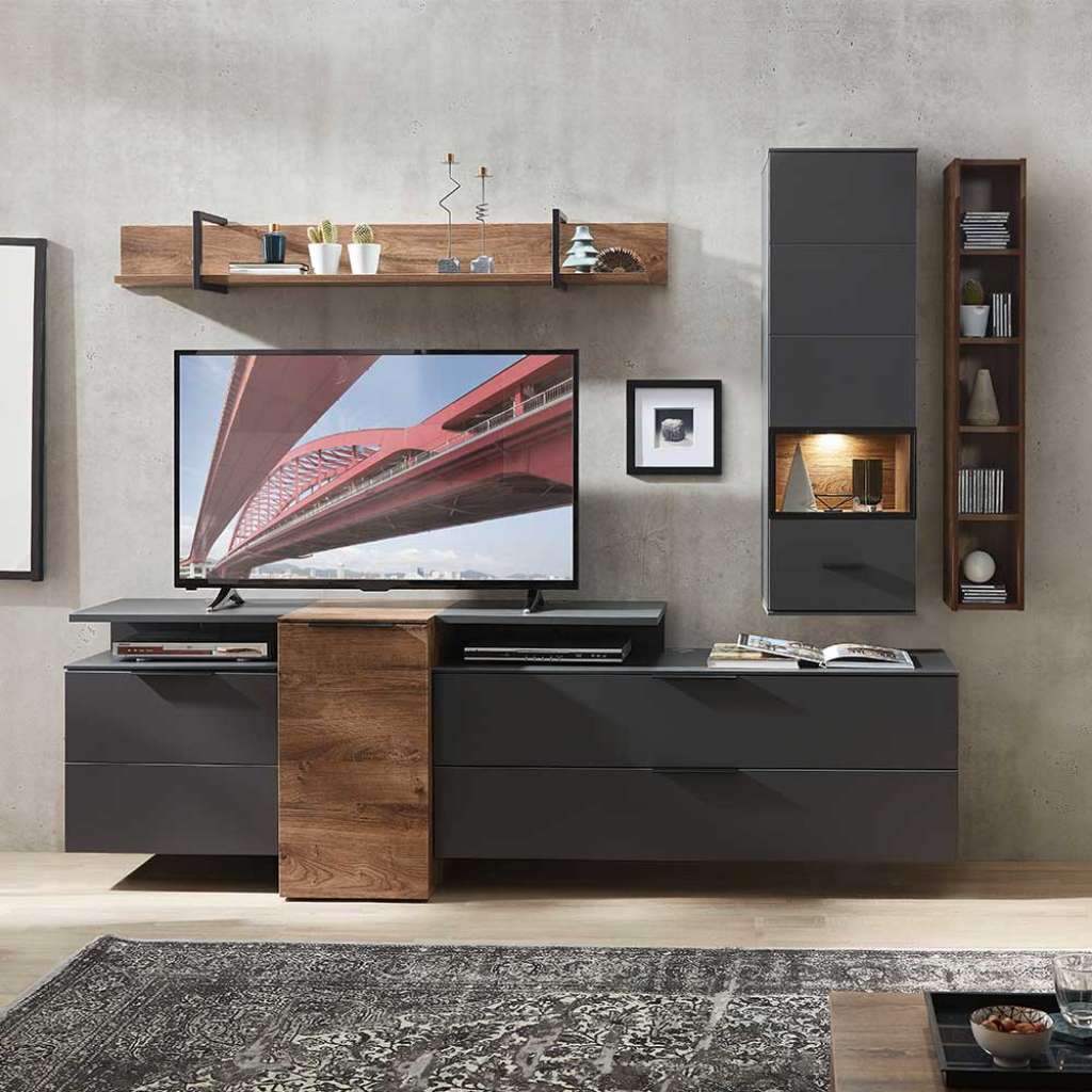 Wohnzimmer Anbauwand in Eiche dunkel Optik und Dunkelgrau modern (6-teilig)