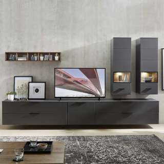 Moderne Wohnwand in Eiche dunkel Optik und Dunkelgrau 340 cm breit (6-teilig)