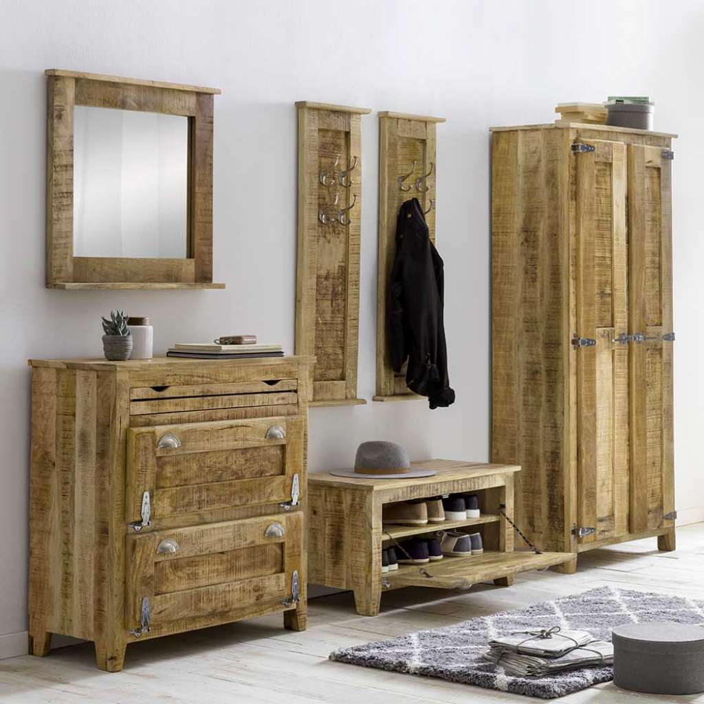 Shabby Chic Garderobenmöbel aus Mangobaum Massivholz 250 cm breit (6-teilig)