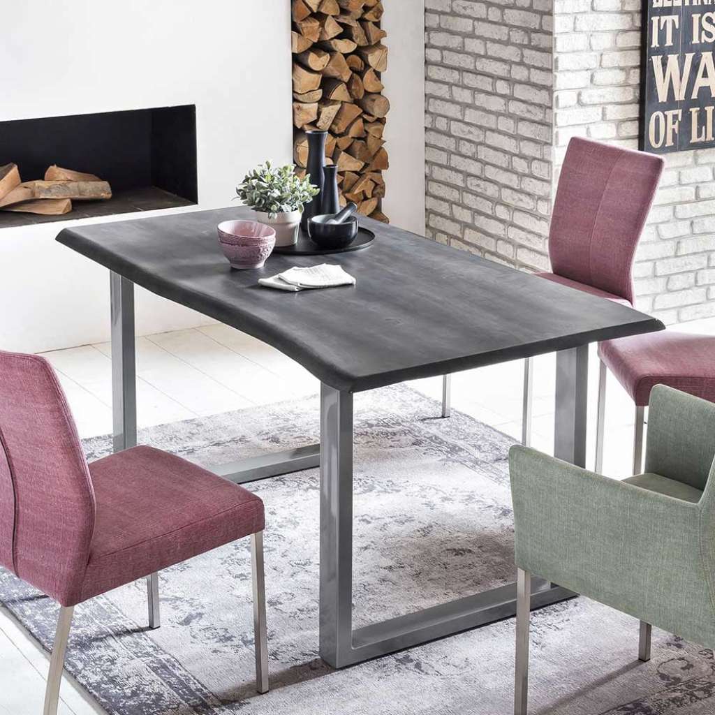 Design Baumkanten Tisch in Dunkelgrau Akazie massiv Bügelgestell in Silberfarben