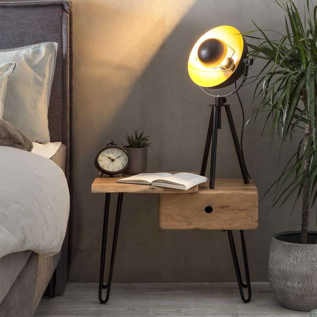 Nachtkonsole aus Akazie Massivholz und Stahl Loft Design