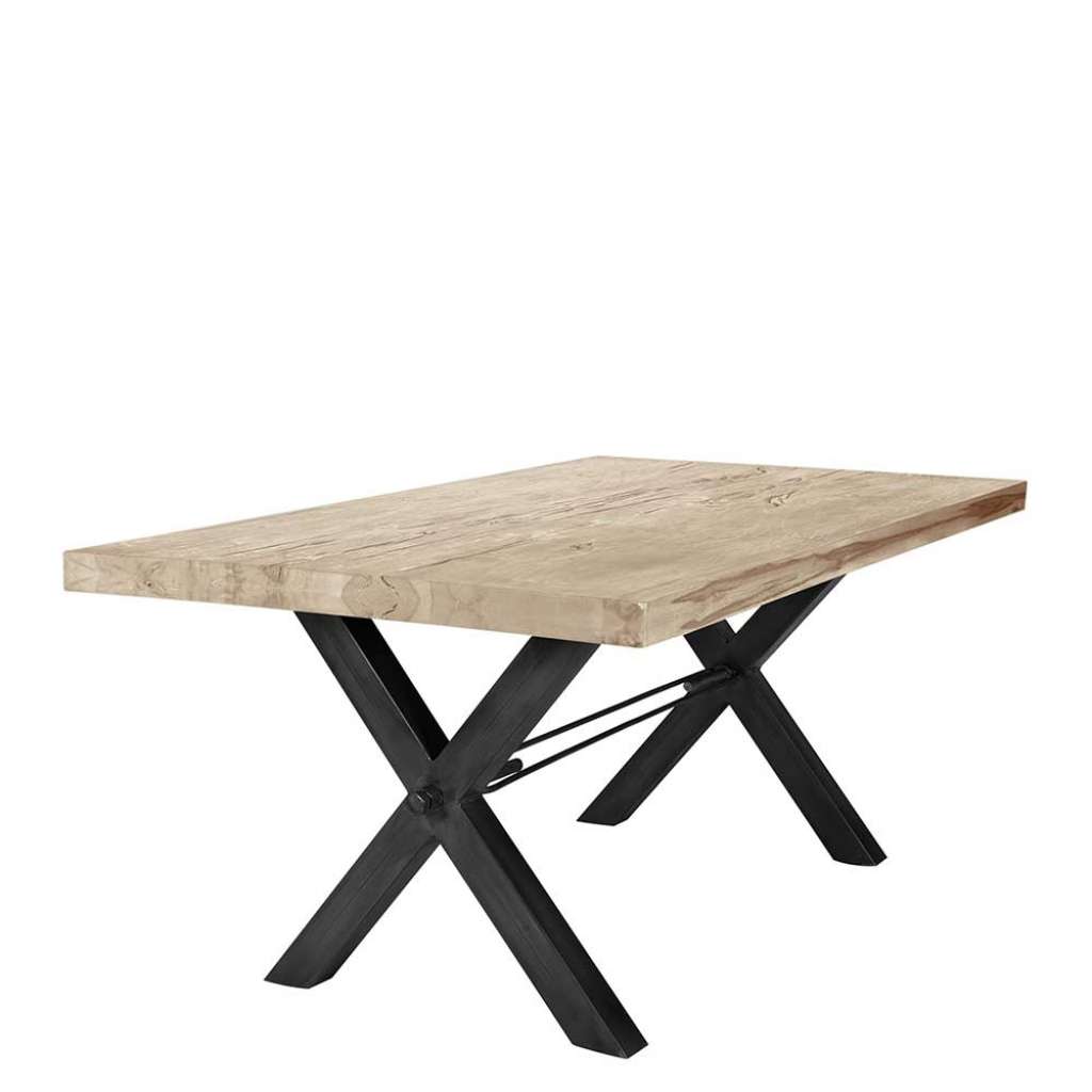 Esszimmertisch aus Eiche White Wash massiv X-Füßen in Schwarz