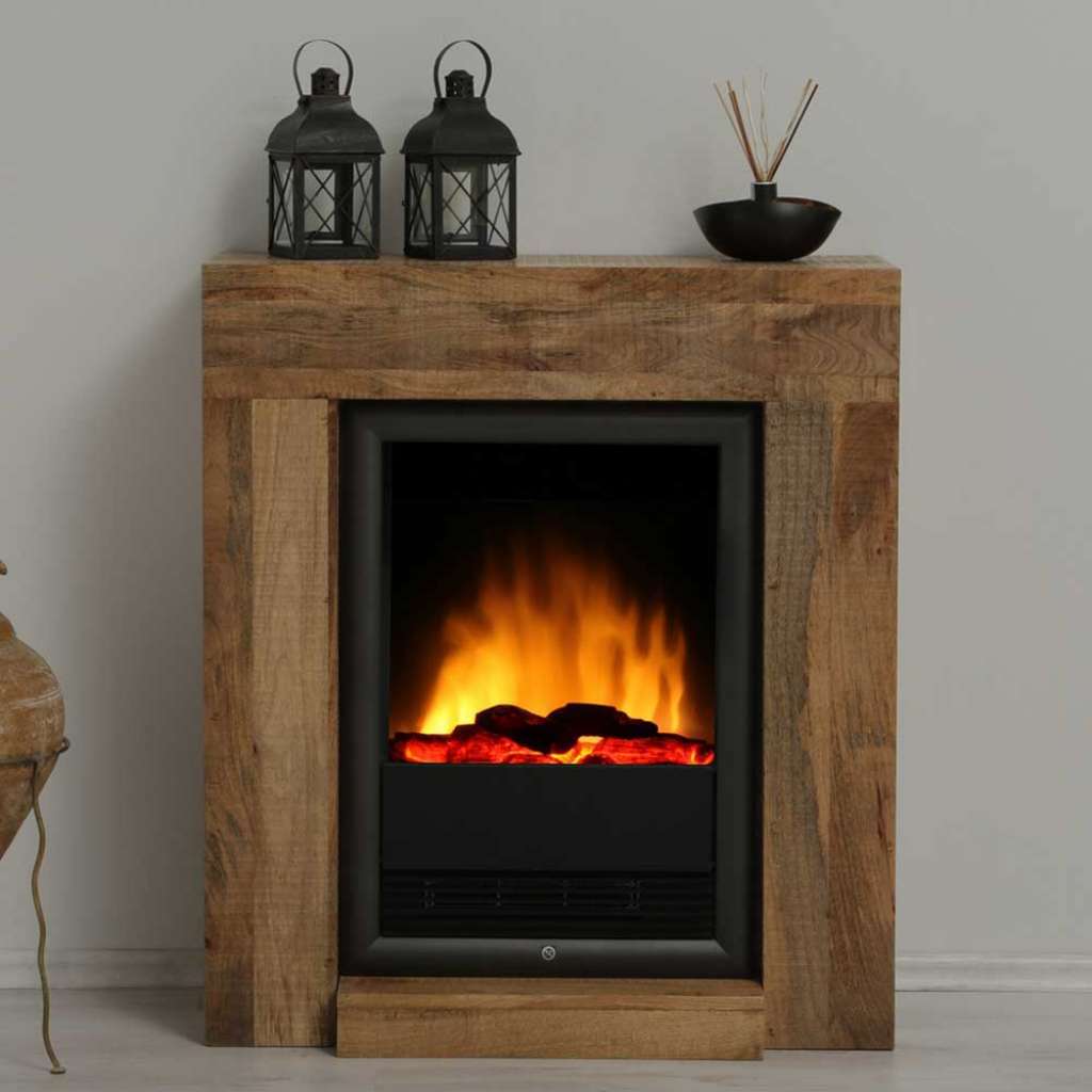 Rustikaler Kamin aus Mangobaum Massivholz elektrisch