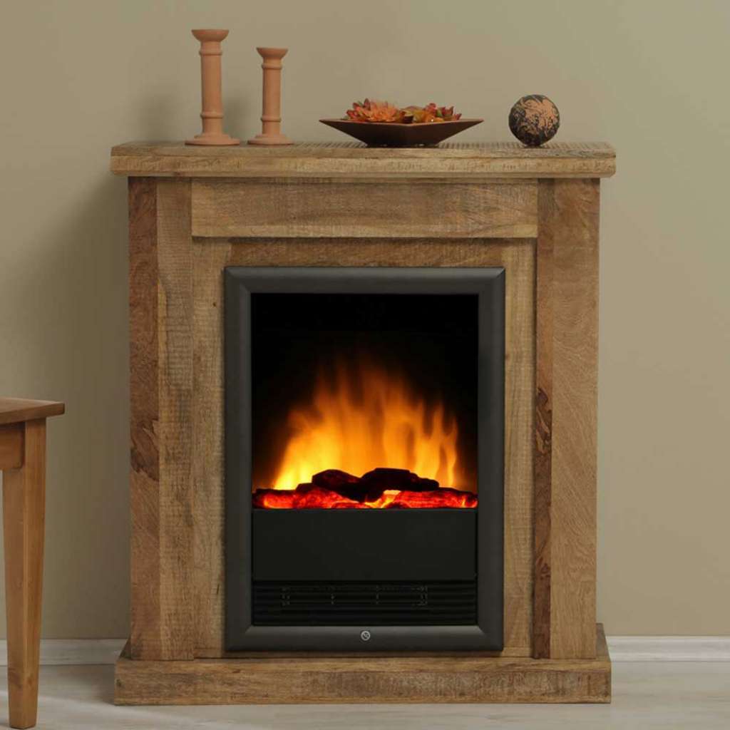 Elektrokamin aus Mangobaum Massivholz rustikalen Landhaus Design