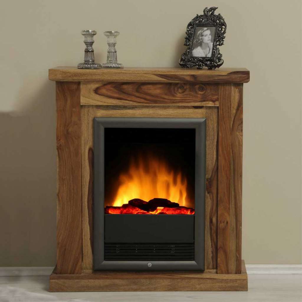 Elektrischer Kamin aus Sheesham Massivholz rustikalen Landhausstil
