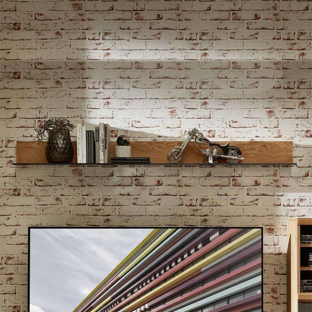 Wohnzimmer Wandboard aus Wildeiche Massivholz Glasboden