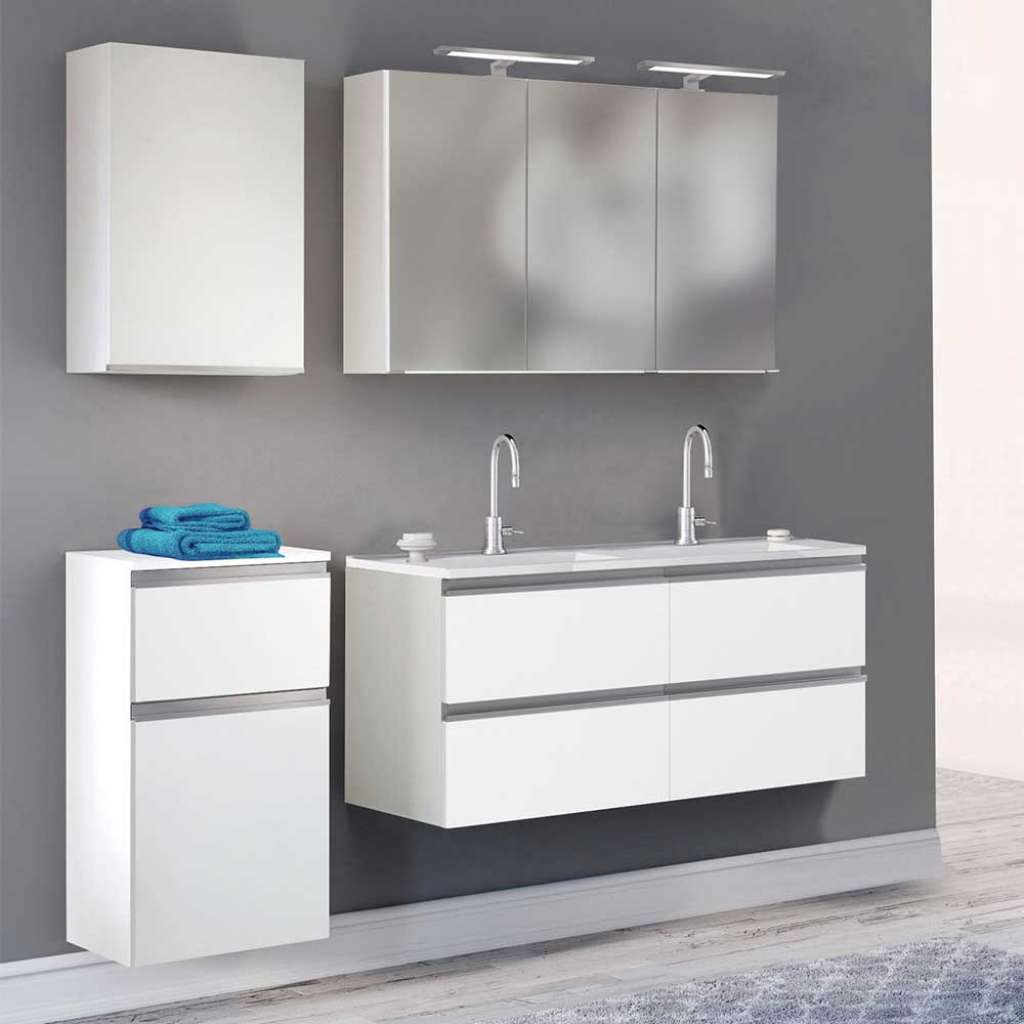 Weißes Badezimmer Set mit LED Beleuchtung 160 cm breit (4-teilig)