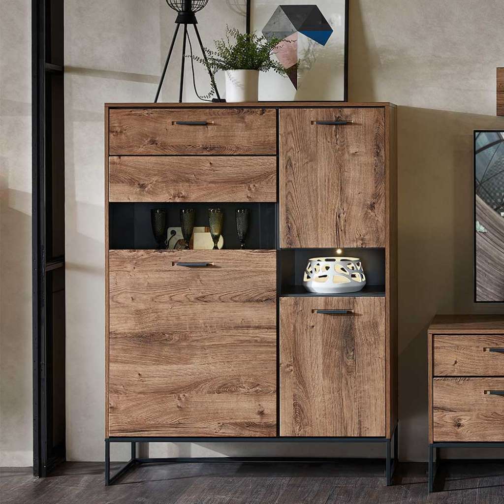 Wohnzimmer Highboard in Eiche dunkel Optik 110 cm breit